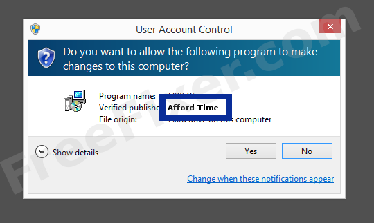 Screenshot where Afford Time appears as the verified publisher in the UAC dialog